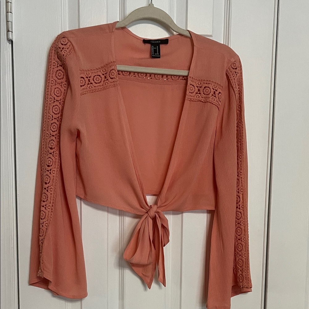 Forever 21 Peach Lace Sleeve Tie-Front Blouse